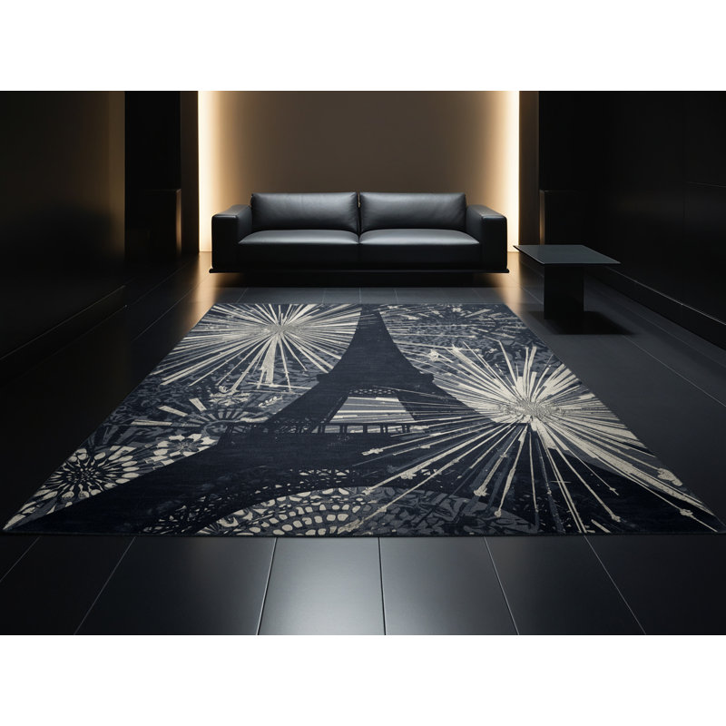 Tapis gris chic et luxueux lavable à la machine Paizlei Paris Tour Eiffel, 7 x 9