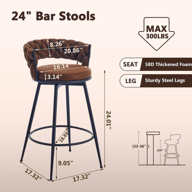 24" Counter Height Bar Stools Set of 6 - 360° Swivel with Suede Fabric & Modern Woven Design, Backrest & Footrest for Kitchen Cafe Pub