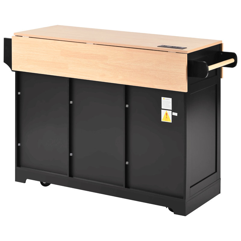 55.7'' Large Kitchen Island With 2 Drop Leaf,, Rolling Kitchen Cart On 5 Wheels With Power Outlet, Folding Storage Dining Table With Spice & Towel Rack , 3 Drawers, For Kitchen, Dining Room