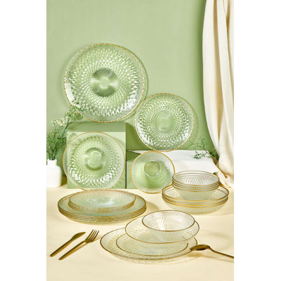 Service de table élégant 24 pièces, 100% verre | Comprend 6 assiettes de service (11,0 po), 6 assiettes à dessert (8,3 po), 6 assiettes à dîner (8,3 po), 6 bols (5,9 po) | Parfait pour les occasions spéciales, ne va pas au lave-vaisselle ni au micro-ondes