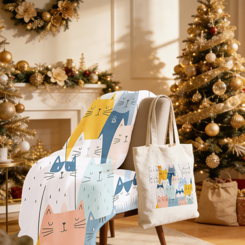 Ensemble-cadeau de Noël 2 pièces de Noël pastel douillet: couverture en flanelle 40 x 50 pouces + fourre-tout en toile 15,75 x 13,78 pouces - ensemble de décoration pour les fêtes pour animaux de compagnie