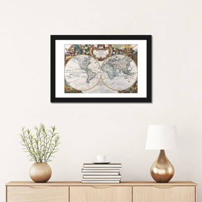 Antique Maps " Antique Double Hemisphere Map of The World " Graphic Art Print