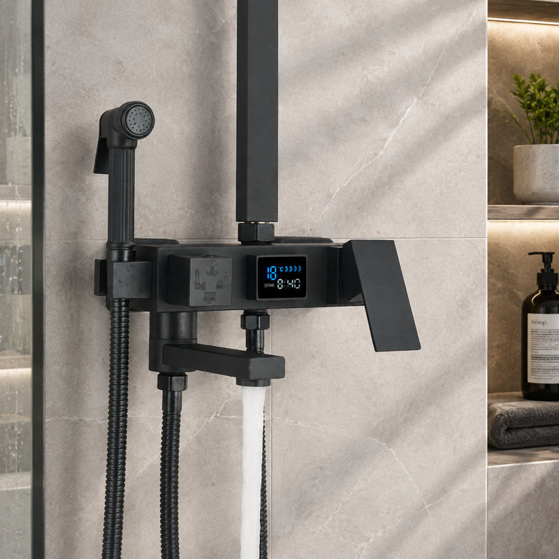 Système de douche mural noir mat avec affichage numérique et étagère, comprenant une pomme de douche carrée effet pluie, une douchette à main 3 jets, un bec inférieur et un pistolet de douche, en acier inoxydable et ABS.