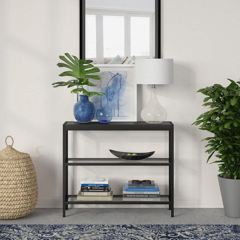 Modern Rectangular Console Table With Blackened Bronze Steel Frame And Tempered Glass Top For Entryway, Living Room, Or Hallway