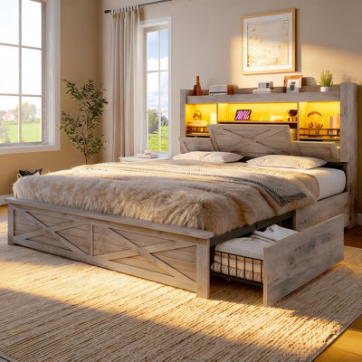 Storage Bed Full with LED Headboard and Charging Station – Farmhouse Platform Bed with 4 Drawers, Flip-Door Cabinets, USB Ports, No Box Spring Needed, Rustic Grey Wood & Metal Frame