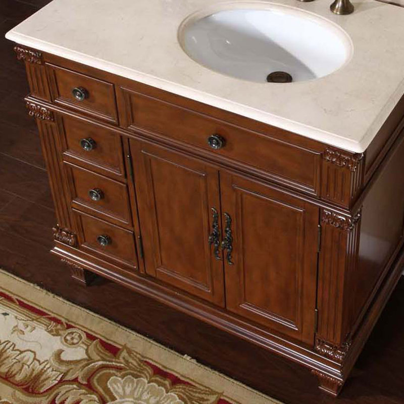 Albieris 36'' Single Bathroom Vanity with Top, Sink on the Right, Cream Marfil Marble Stone