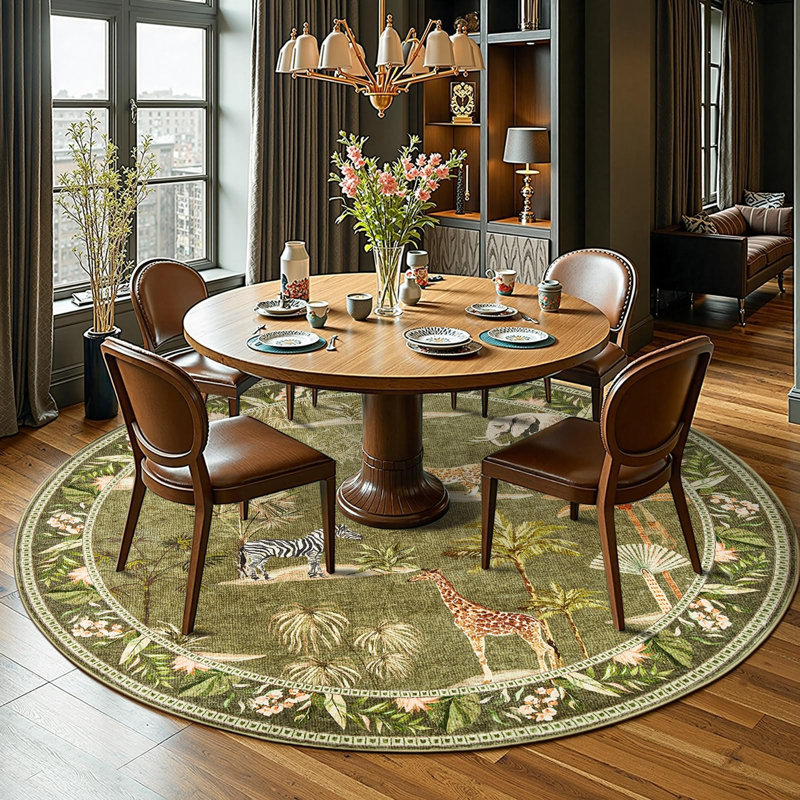 Animals Print Washable Ultra-Thin Non-Slip Area Rug, Round 8', Jungle Green