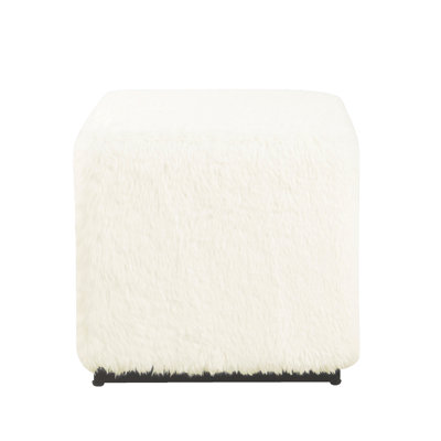 Lev Accent Ottoman, Square Cube Silhouette With White Faux Fur 16 Inch by Benjara