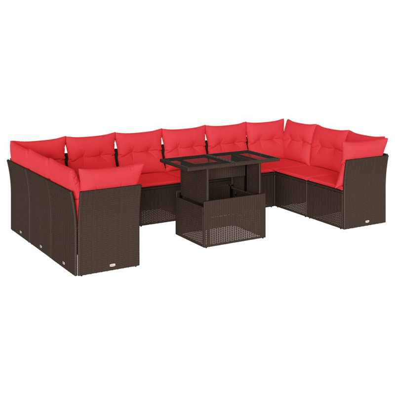 Ensemble de canapé de patio 11 pièces avec coussins en rotin de polyester, Rouge, Brun