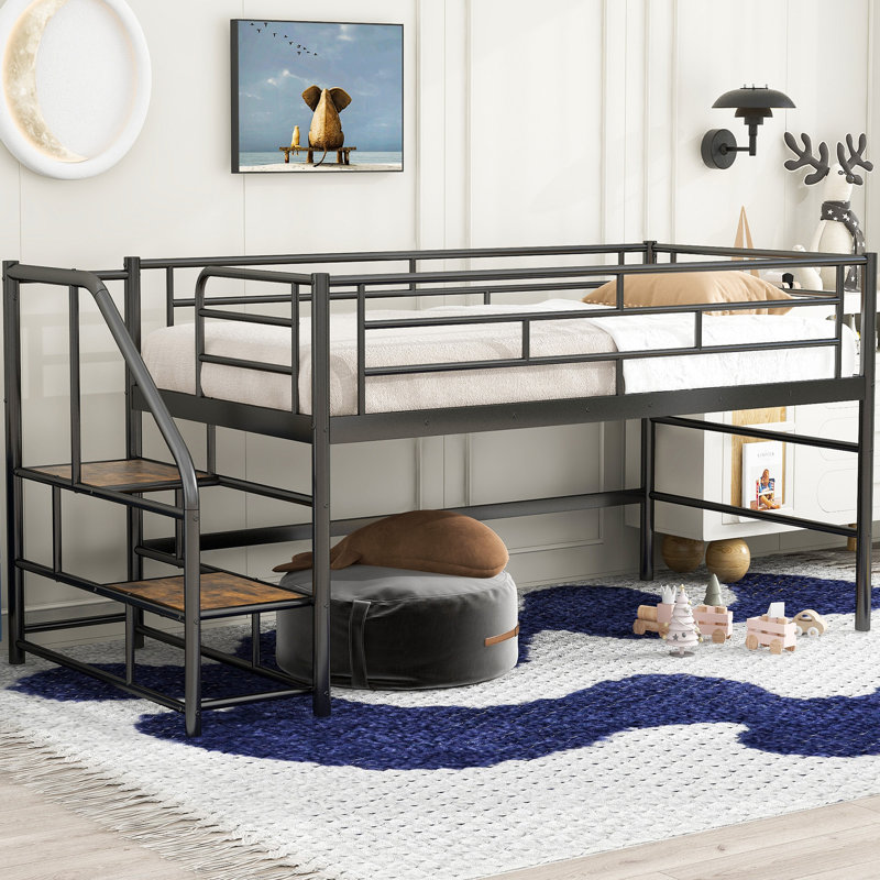 Twin Size Low Loft Bed With Stair For Kids,metal Loft Bed Frame With Storage Steps For Boys Girls, Black