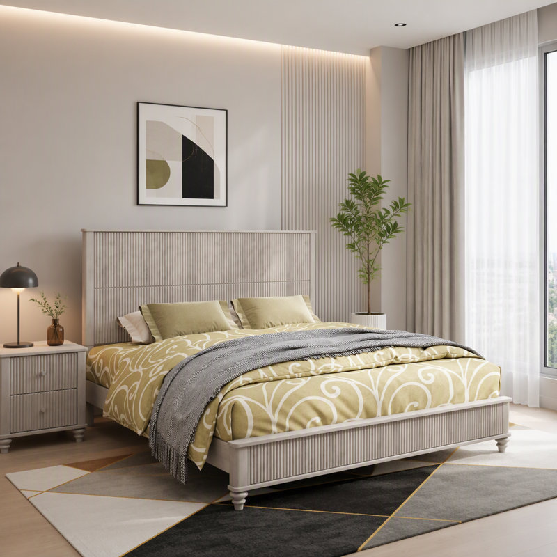 Structure de lit plateforme en bois massif Kernie King avec tête de lit haute - Finition beige élégante, Très grand, Beige