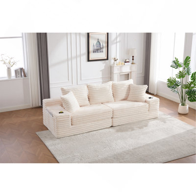 Très grand canapé sans siège à quatre places avec porte-gobelet et poches latérales, canapé-lit rembourré en velours côtelé avec 3 coussins, 2 coussins lombaires, salon, chambre à coucher, sans assemblage, matériau respirant
