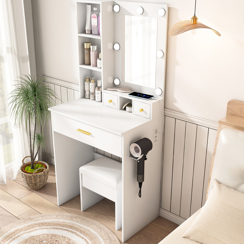 Table de coiffeuse avec miroir, lumières à DEL, prise de courant et support pour sèche-cheveux - Mobilier de chambre à coucher blanc Tiroirs peu encombrants Éclairage à trois modes réglables de style américain pour un rangement facile
