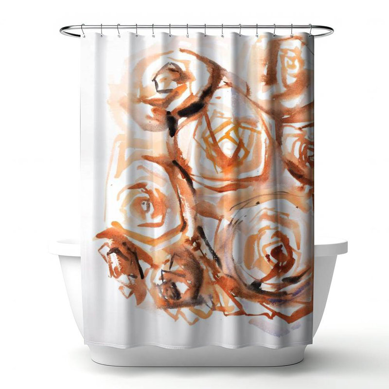 Floral – Polyester Shower Curtain, Dye Sublimation Print, 71" W × 74" L, White/Orange