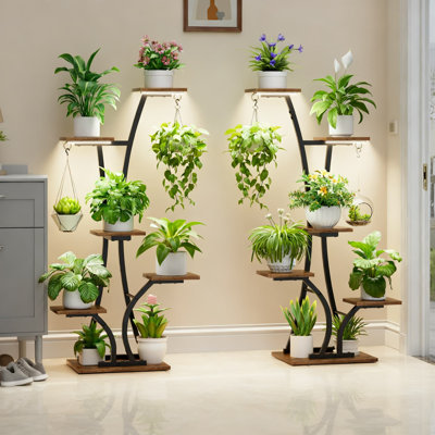 Support pour plante d'intérieur avec lumière de croissance, tablette pour plante en métal à 6 niveaux avec 7 tablettes en bois, éclairage à spectre complet avec minuterie, conception d'angle peu encombrante pour le salon, la chambre et le balcon