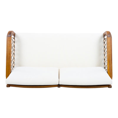 Ensemble de causeuse et table basse d'extérieur en bois d'acacia avec corde tissée à la main, finition teck