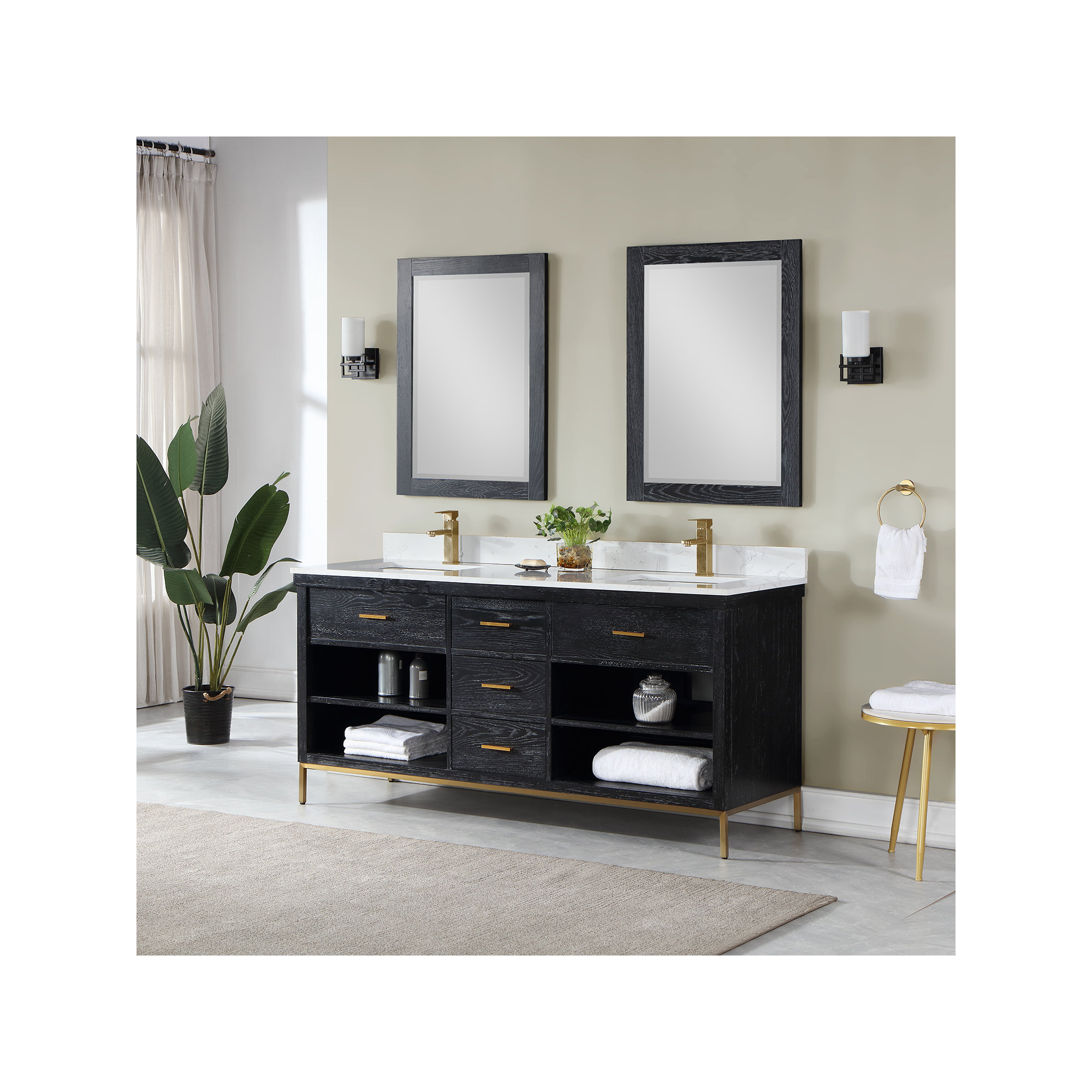 Kesia 72'' Double Bathroom Vanity, Black, Gold