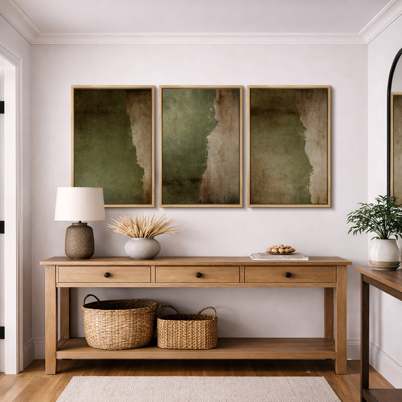 Subtile vert olive abstrait terre tons triptyque, H 36 po x l 72 po, Cadre naturel