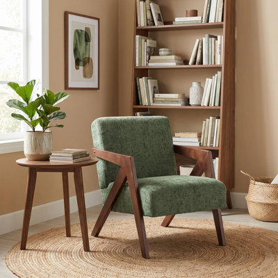 Fauteuil de bureau Mid-Century moderne rembourré avec structure en bois et assise large