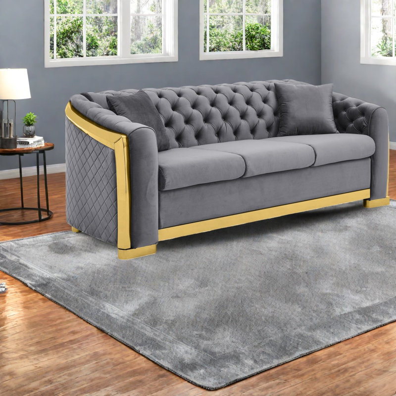 Grands canapés modernes Chesterfield en velours de 81 pouces, acier doré pour la maison