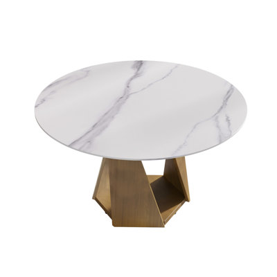 53" Round Kitchen & Dining Table, Sintered Stone Top, Bronze Metal Base, Fits 6, Modern Appearance White Surface, Iron Accommodates 6 People, For Use