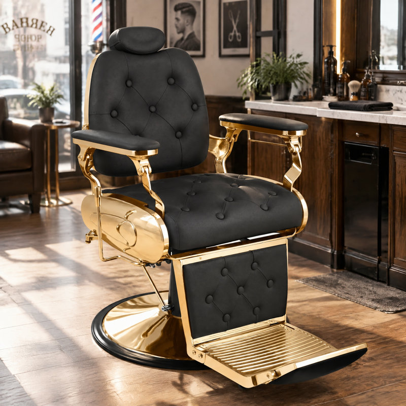 Fauteuil de salon rotatif à 360 degrés Retro Black & Gold, fauteuil de coiffeur inclinable à hauteur réglable