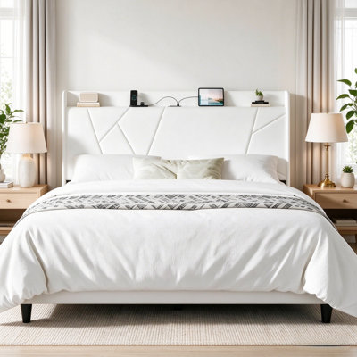 Velvet Upholstered Wingback Platform Bed Frame with Storage Shelf & Charging Station | Solid Wood Slats Support, No Box Spring Needed & Easy Assembly