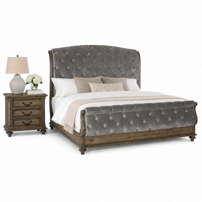 Ensemble de chambre à coucher grand lit, gris, bois brun, ensemble de 2 pièces avec table de chevet