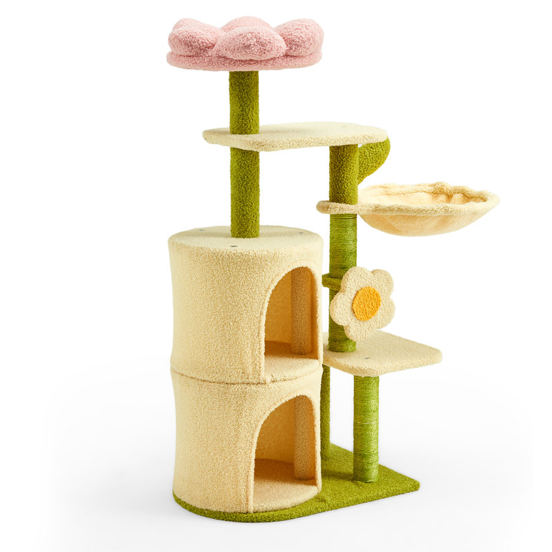 38'' Flower Cat Tree Tower, Cute Cat Tree For Indoor Small Medium Cats, Multi-level Cat Tower With Cat Scratching Post, Cat House, Cat Bed, Stylish Cat Furniture, Green