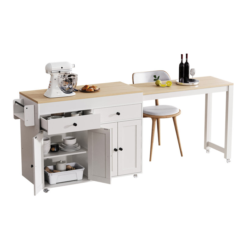 Îlot de cuisine 74,5 pouces avec table de salle à manger extensible, Blanc cassé