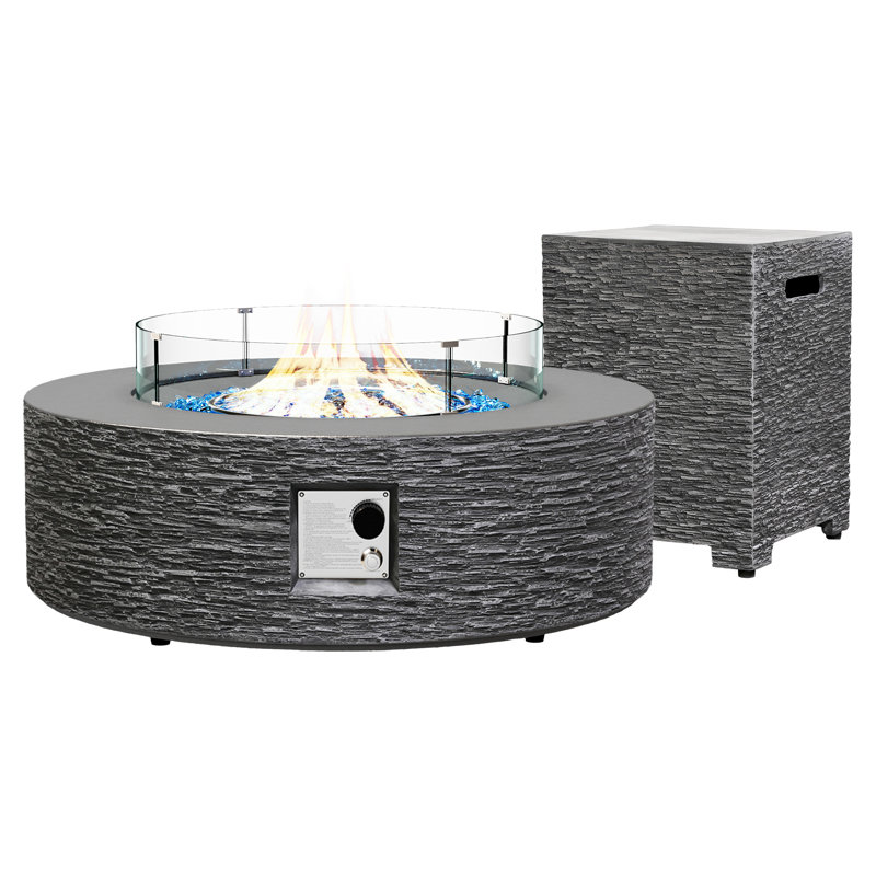  Foyer de table rond 42 pouces au gaz d'oxyde de magnésium, avec couvercle de réservoir et pare-vent, Gris