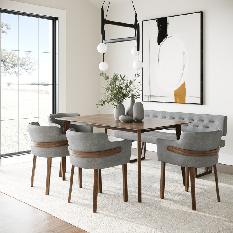 Kassis + Mukai - Modern Grey Fabric + Walnut Dining Set, 6 Pieces: Table, Bench, 4 Chairs