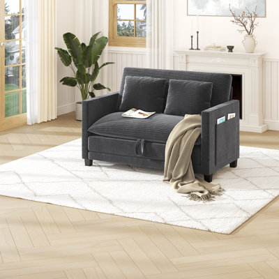 Canapé-lit convertible de 51 po avec pochettes de rangement et 2 coussins, causeuse pliante moderne en velours côtelé 2 en 1 pour petits espaces, gris