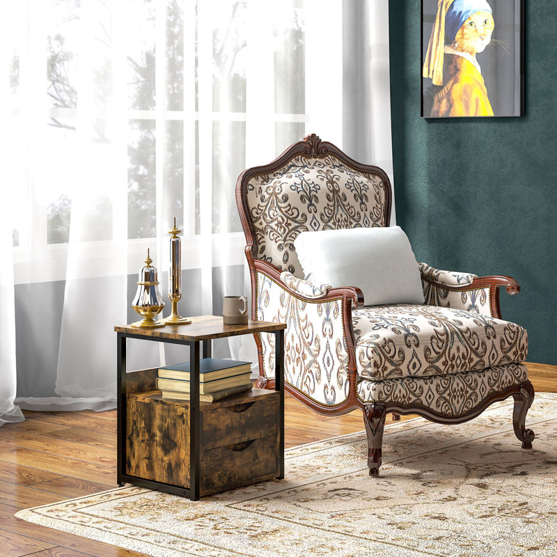 Industrial Side Table With 2 Drawers, Storage Shelf, Accent Sofa Table With Groove Handle And Frame