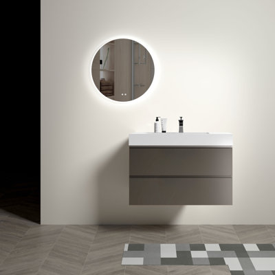 Meuble-lavabo de 36 po avec lavabo - gris, design moderne, rangement maximal, lisse et silencieux, fixation murale, fixation biseautée sans poignée grise, fixation à grande poignée