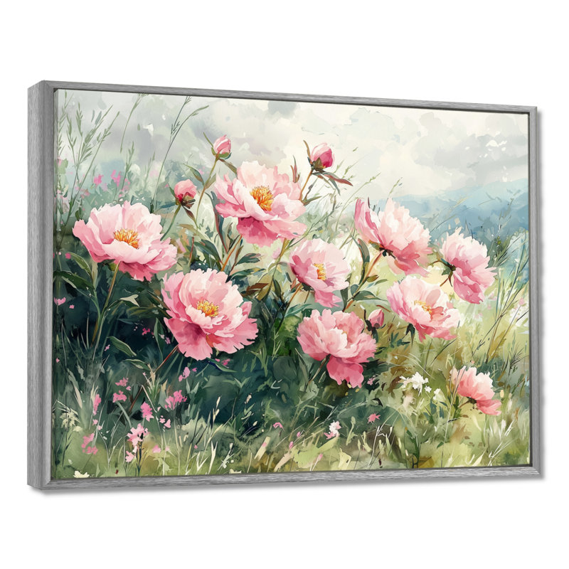 Melvina, pivoines et prairie d'été I - pivoines, art mural, Argent argent, H 12 po x l 20 po, Impression encadrée flottante