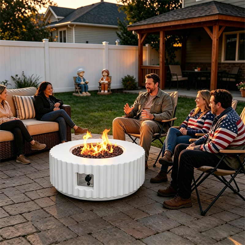 Romance Blaze Modern 50000 BTU Round Propane Outdoor Propane Fire Pit Table with Lava Rocks, Rain Cover and Steel lid,White