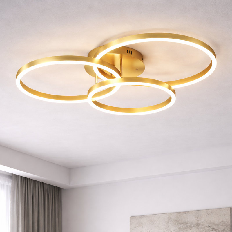 LED Semi Flush Mount 3-lights gold ceiling light with remote control