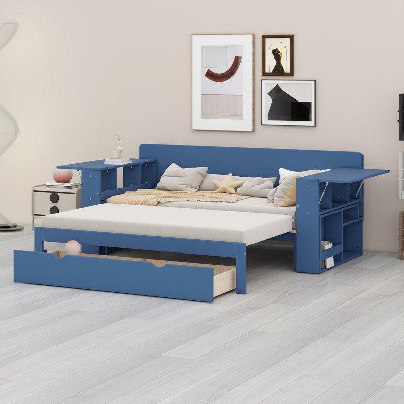 Daybed With Removable Desk, Storage Drawers & Hydraulic Side Table, Blue
