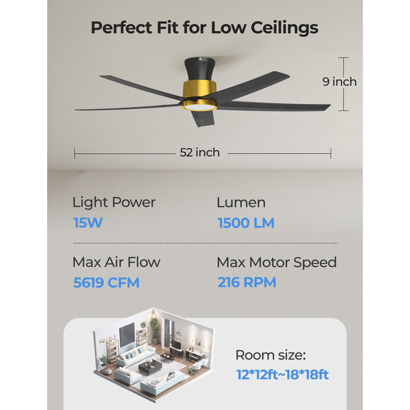 2pcs 52-inch Elvert Flush Mount Ceiling Fan With Led Lights Black Gold, Black Gold, Black