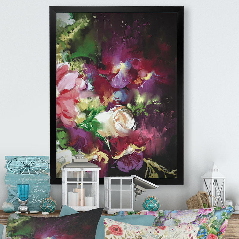 Abstrait bouquet de fleurs roses abstraites - reproduction sur toile, Cadre noir, H 36 po x l 24 po x P 1 po