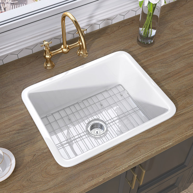 Évier de cuisine rectangulaire en argile réfractaire blanche avec crépine et grille d'évier L 24 po x l 19 po