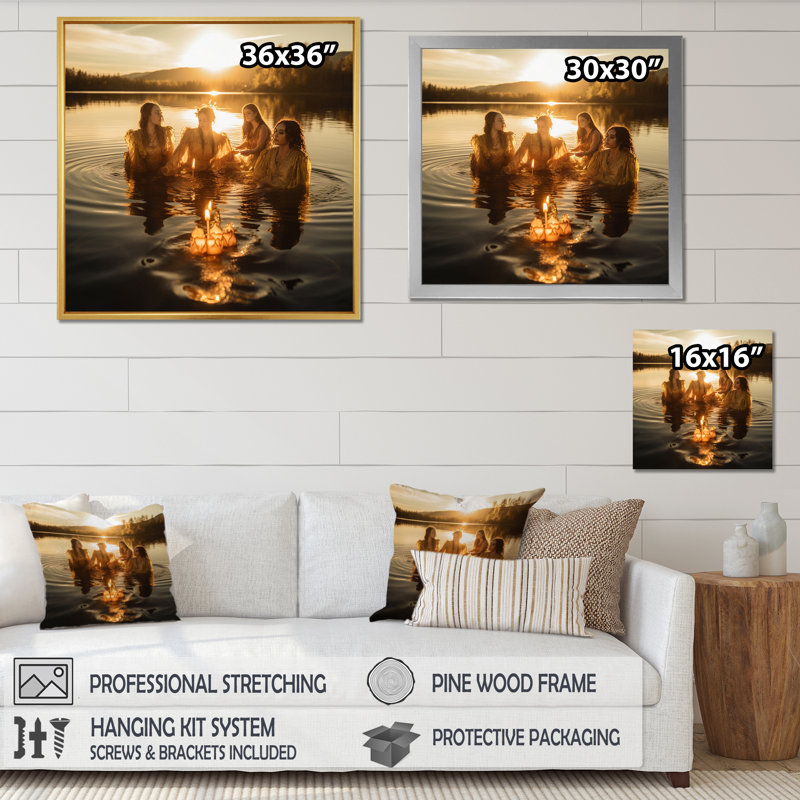 «Young Beautiful Goddesses Bathing in the River I», reproduction, Cadre flottant blanc, H 16 po x l 16 po x P 1 po