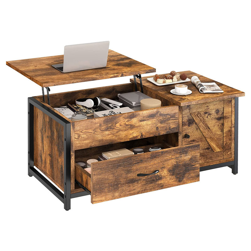 Rustic Brown Lift-Top Coffee Table with Storage Drawer and Cabinet