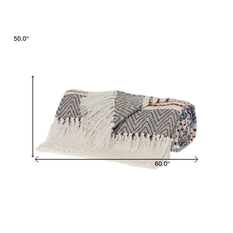 Jeté rayé en coton tissé, Gris / bleu / rayé brun