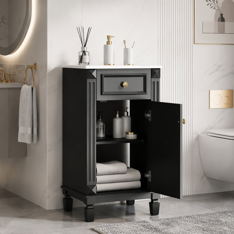 Meuble-lavabo autoportant avec lavabo en céramique, porte à fermeture douce et tablette réglable, style champêtre français