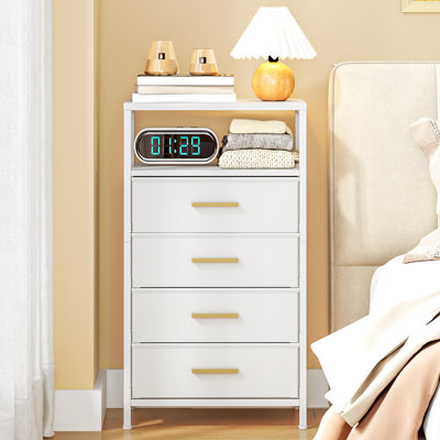 Bedside Table Set of 2, Side End Table with 4 Fabric Storage Drawers, Bedside Cabinet with Open Storage Shelf, Nightstand for Bedroom, Livingroom, White