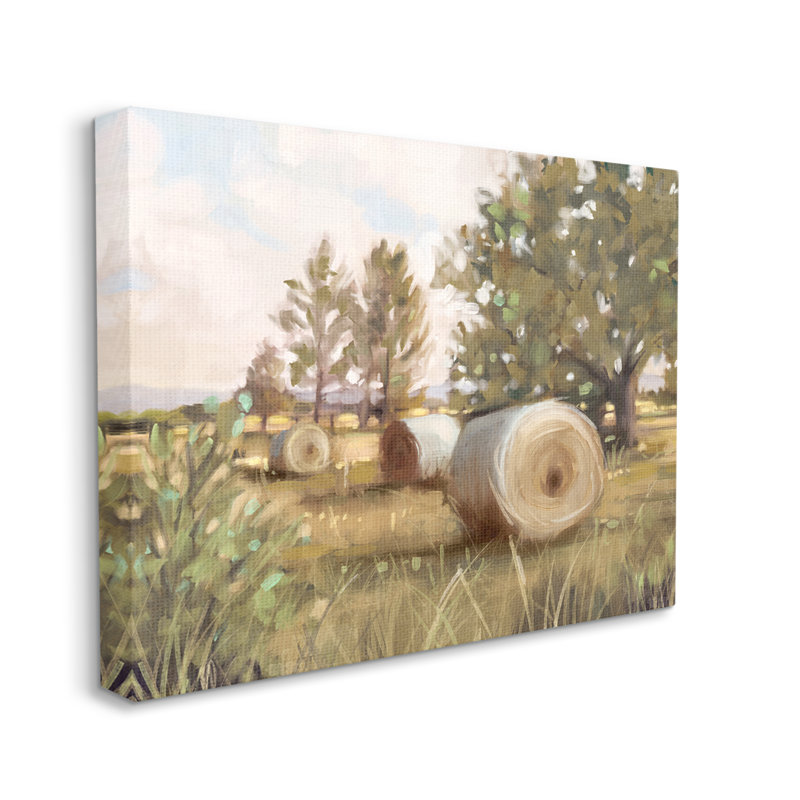 «Au-731», toile, Paysage de ferme à balles de foin sur toile par Nina, peinture bleue, H 36 po x l 48 po x P 1,5 po