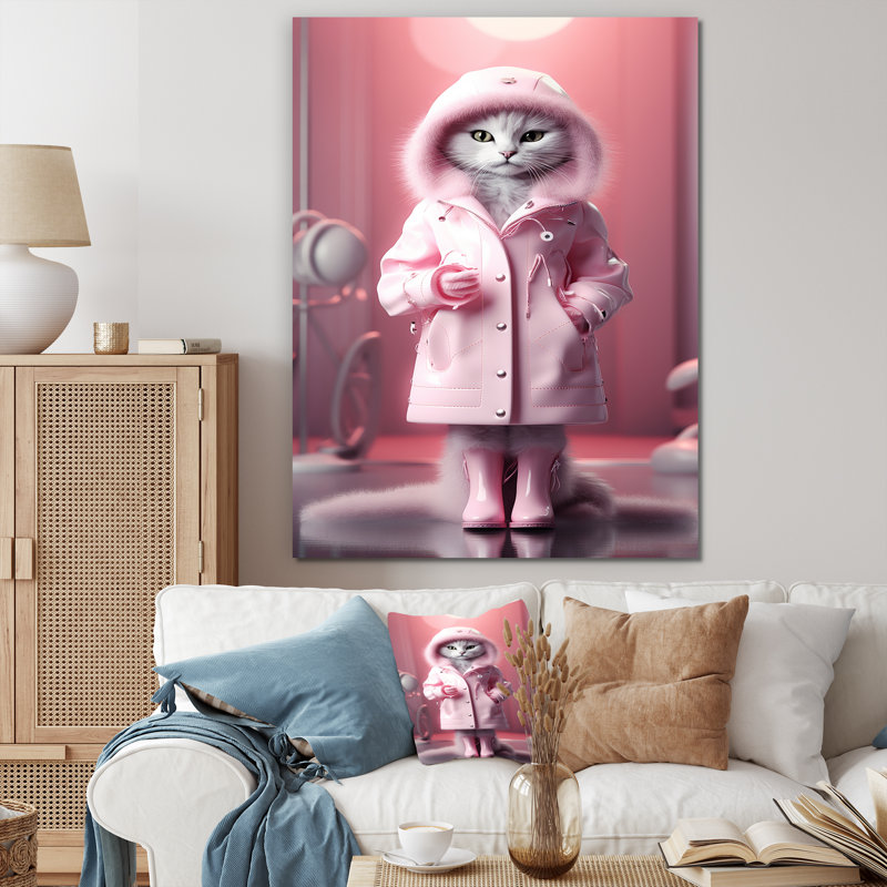 Chat blanc Fashionista en manteau rose I, H 32 po x l 24 po x P 1 po, Toile tendue