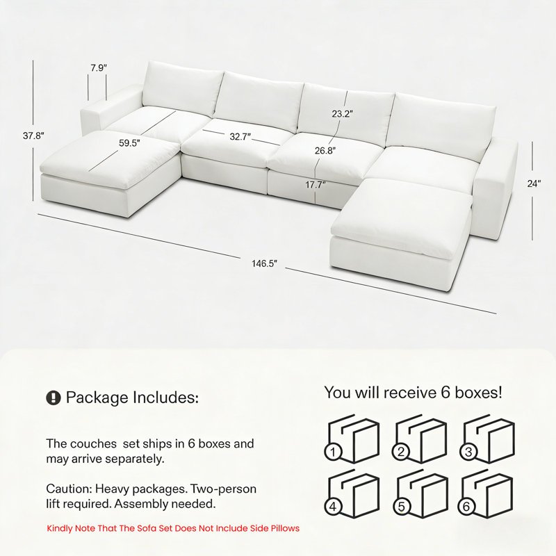 146" Oversized Cloud Modular Sectional Sofa, Comfy White U-Shaped Couch, 4-Seater with Storage Ottomans